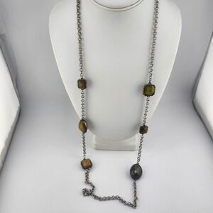 Ann‎ Taylor LOFT Long Chain Necklace Silver Tone with Brown & Green Stones